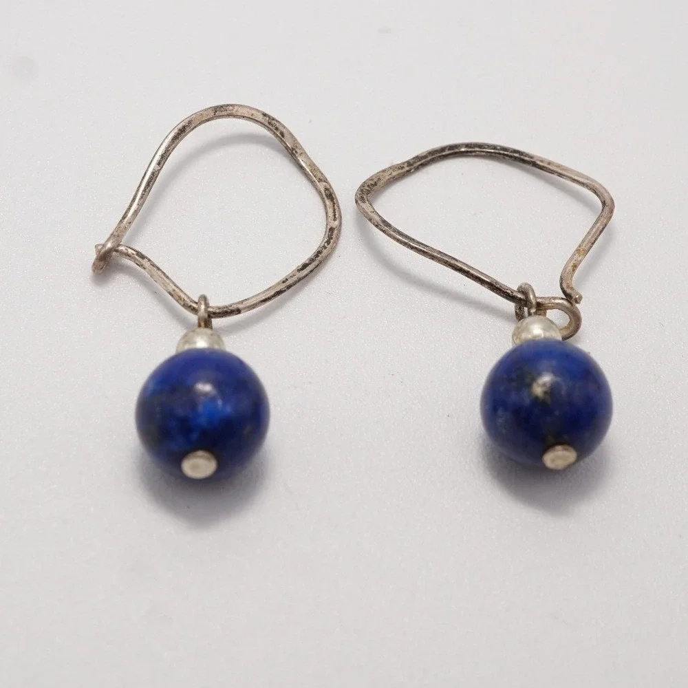Sterling Silver Lapis Lazuli Round Bead Kidney Wire Drop Earrings 2.35g